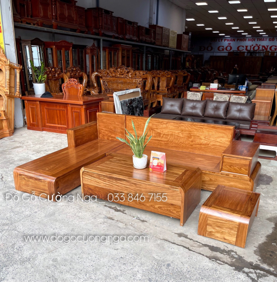 Bộ Bàn Ghế Sofa Gỗ Hương Xám Góc L Chân Cuốn Cao Cấp 