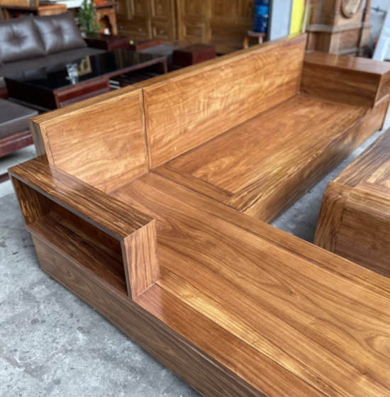 Bộ Bàn Ghế Sofa Gỗ Hương Xám Góc L Chân Cuốn Cao Cấp 