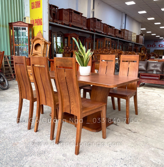 Bàn ăn gỗ sồi nga lau màu óc chó 6 ghế đẹp - hiện đại 