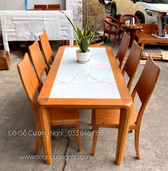 Bộ bàn ăn gỗ sồi nga mặt đá 6 ghế - màu gõ đỏ BG 064