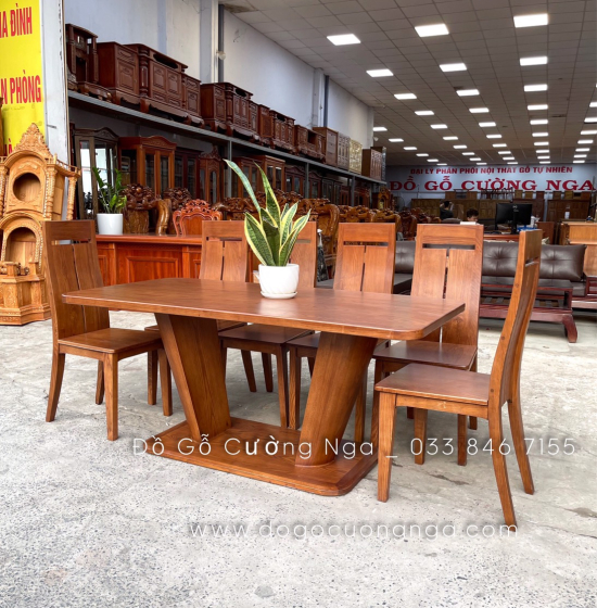 Bàn ăn gỗ sồi nga lau màu óc chó 6 ghế đẹp - hiện đại 