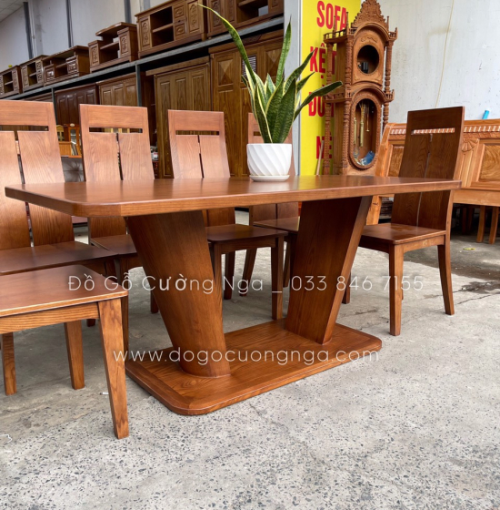 Bàn ăn gỗ sồi nga lau màu óc chó 6 ghế đẹp - hiện đại 