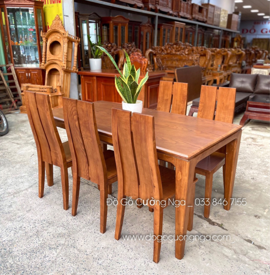 Bàn ăn gỗ sồi nga 6 ghế mặt liền - màu óc chó hiện đại BG 061