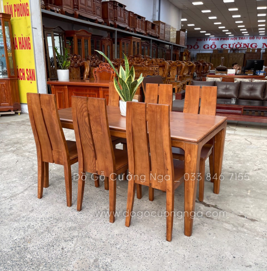 Bàn ăn gỗ sồi nga 6 ghế mặt liền - màu óc chó hiện đại BG 061