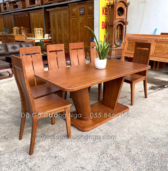 Bàn ăn gỗ sồi nga lau màu óc chó 6 ghế đẹp - hiện đại 