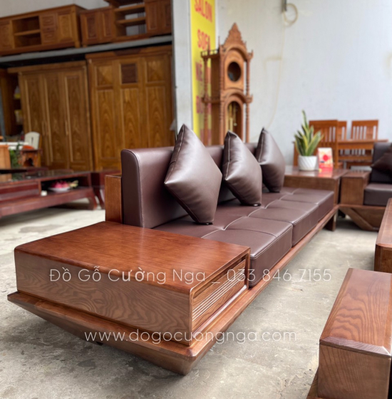 Bộ Bàn Ghế Sofa 2 Văng Thuyền Gỗ Sồi Nga Lau Màu Óc Chó Kèm Nệm