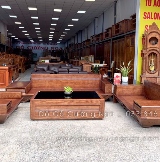 Bộ Bàn Ghế Sofa 2 Văng Thuyền Gỗ Sồi Nga Lau Màu Óc Chó Kèm Nệm