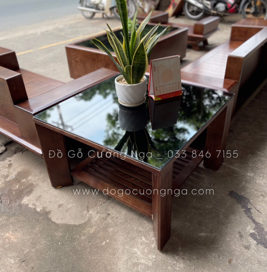 Bộ Bàn Ghế Sofa 2 Văng Thuyền Gỗ Sồi Nga Lau Màu Óc Chó Kèm Nệm