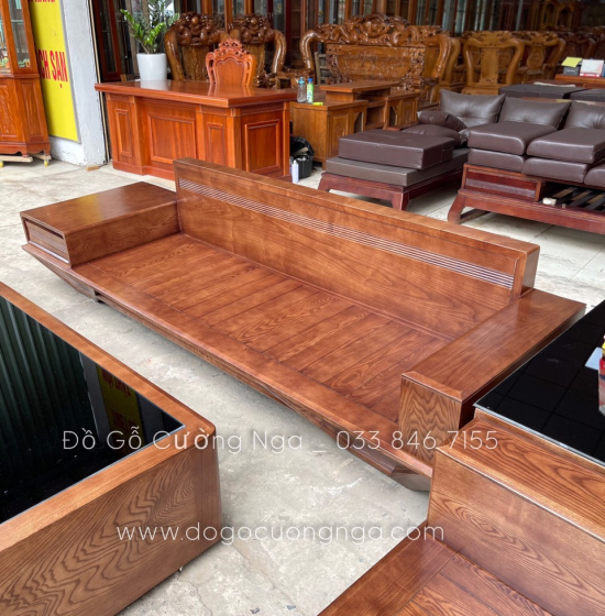 Bộ Bàn Ghế Sofa 2 Văng Thuyền Gỗ Sồi Nga Lau Màu Óc Chó Kèm Nệm