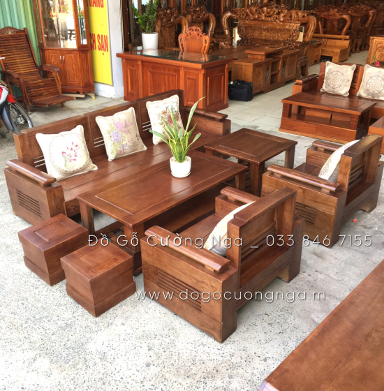 Bộ Bàn Ghế Sofa Gỗ Sồi Nga Đối Tay Trứng - Lau Màu Óc Chó