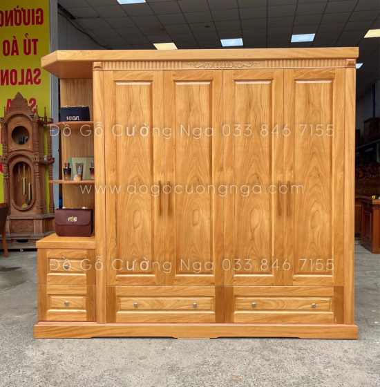 Tủ quần áo gỗ gõ đỏ 4 cánh 2m3 vế trái - kèm kệ trang trí 