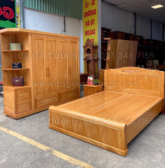 Tủ quần áo gỗ gõ đỏ 4 cánh 2m3 vế trái - kèm kệ trang trí 