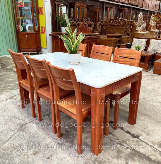 Bàn ăn gỗ Xoan Đào mặt đá cao cấp - 6 ghế BG 027
