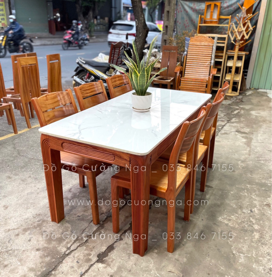 Bộ bàn ăn gỗ Xoan Đào mặt đá 1m6 - 6 ghế hiện đại BG 034