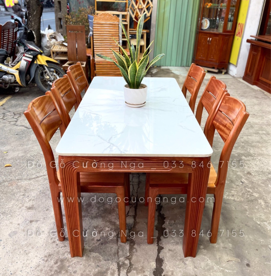 Bàn ăn gỗ Xoan Đào mặt đá cao cấp - 6 ghế BG 027
