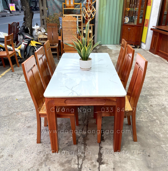 Bộ bàn ăn gỗ Xoan Đào mặt đá 1m6 - 6 ghế hiện đại BG 034