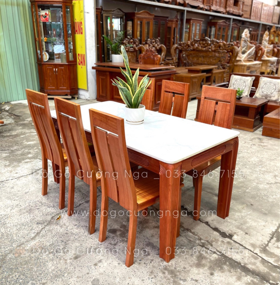 Bộ bàn ăn mặt đá 6 ghế gỗ Xoan Đào cao cấp - Ghế chữ T 