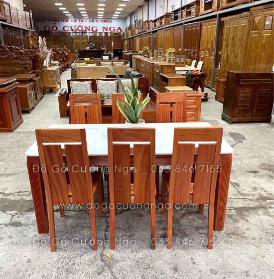 Bộ bàn ăn mặt đá 6 ghế gỗ Xoan Đào cao cấp - Ghế chữ T 