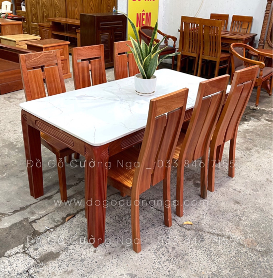 Bộ bàn ăn mặt đá  6 ghế gỗ xoan đào - ghế chữ T 
