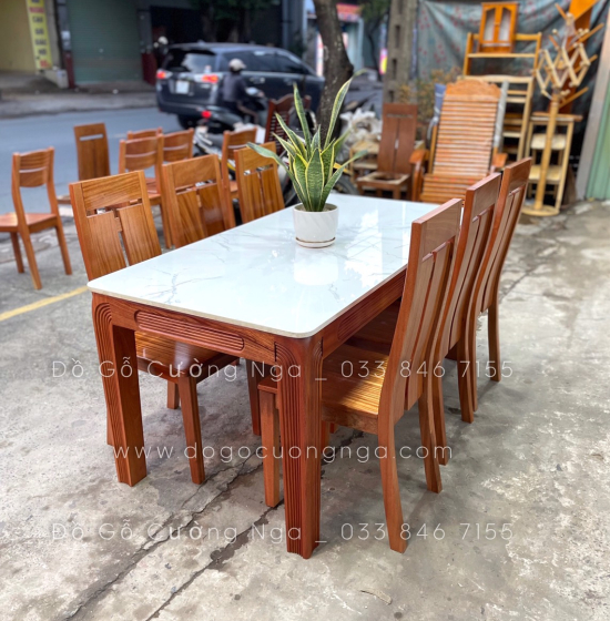 Bộ bàn ăn gỗ Xoan Đào mặt đá 1m6 - 6 ghế hiện đại BG 034