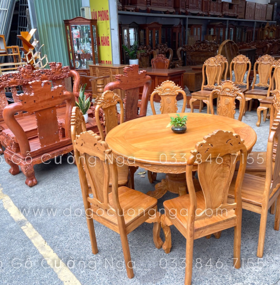 Bàn Ăn Tròn Gỗ Gõ Đỏ 8 Ghế Cao Cấp Bền Đẹp 