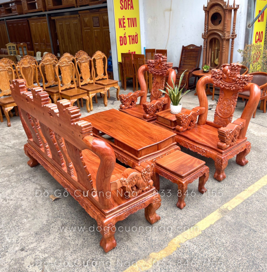 Bộ salon gỗ hương đá tay 12 chạm nghê hạt cao cấp 