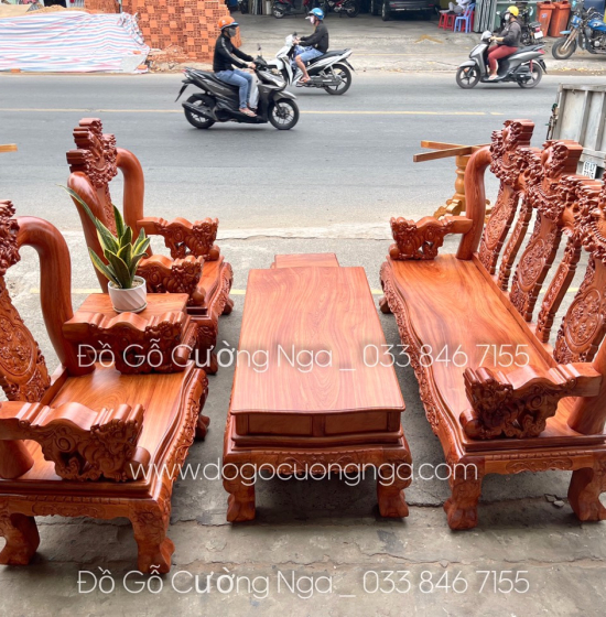 Bộ salon gỗ hương đá tay 12 chạm nghê hạt cao cấp 