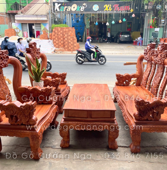 Bộ salon gỗ hương đá tay 12 chạm nghê hạt cao cấp 