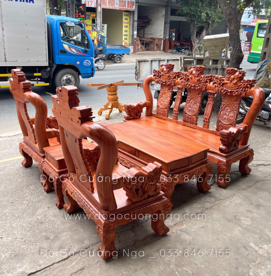 Bộ salon gỗ hương đá tay 12 chạm nghê hạt cao cấp 