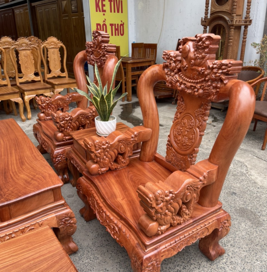 Bộ salon gỗ hương đá tay 12 chạm nghê hạt cao cấp 