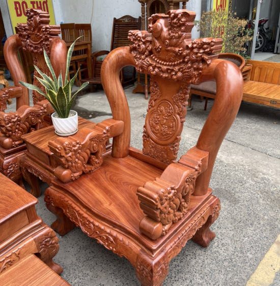 Bộ salon gỗ hương đá tay 12 chạm nghê hạt cao cấp 