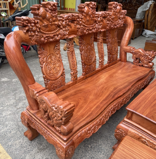 Bộ salon gỗ hương đá tay 12 chạm nghê hạt cao cấp 