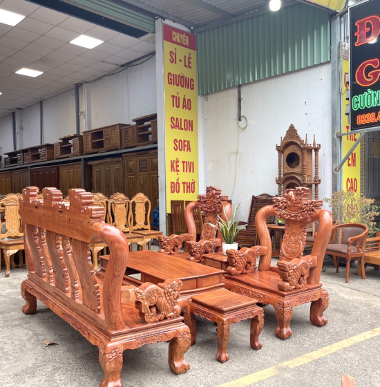 Bộ salon gỗ hương đá tay 12 chạm nghê hạt cao cấp 