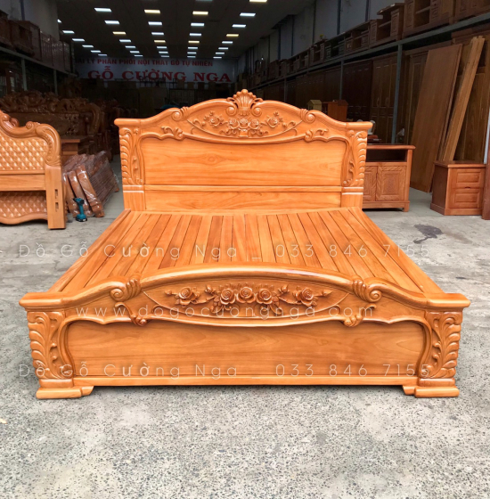 Giường gỗ gõ đỏ cao cấp mẫu lãng hồng - phản gõ thưa