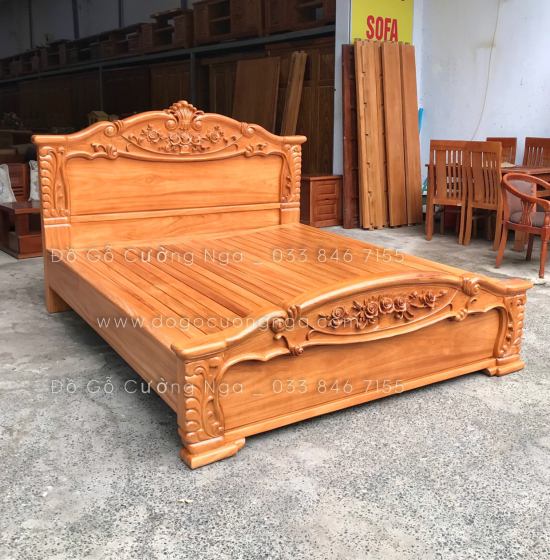 Giường gỗ gõ đỏ cao cấp mẫu lãng hồng - phản gõ thưa