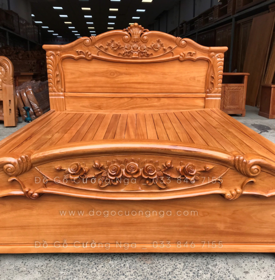 Giường gỗ gõ đỏ cao cấp mẫu lãng hồng - phản gõ thưa
