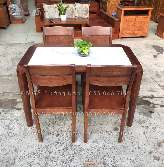 Bộ bàn ăn gỗ sồi nga mặt đá 1m2- 4 ghế  lau màu óc chó đẹp 