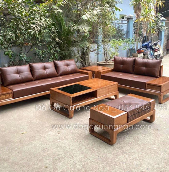 Bàn Ghế Sofa 2 Văng Gỗ Sồi Nga Lau Màu Hương Kèm Nệm - Chân Hươu