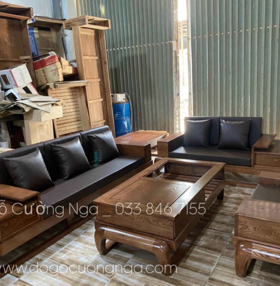 Bộ Bàn Ghế Sofa 2 Văng Gỗ Sồi Nga Kèm Nệm - Mẫu Đùi Gà 