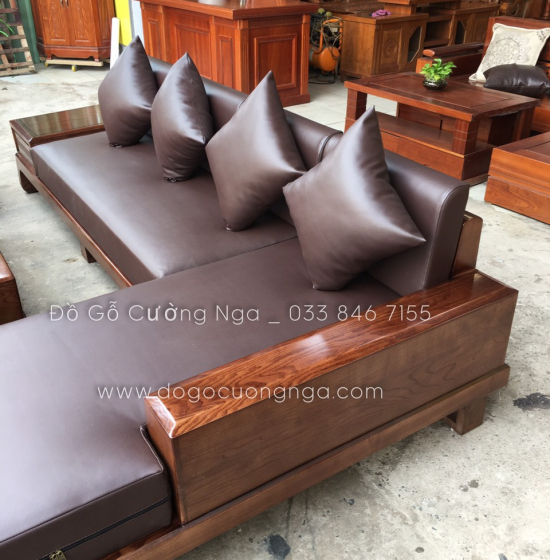 Bộ Ghế Sofa Gỗ Sồi Nga Lau Màu Óc Chó Kèm Nệm Hiện Đại 