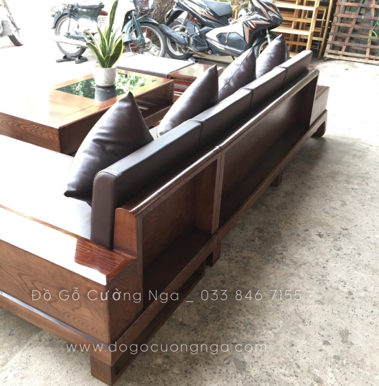 Bộ Ghế Sofa Gỗ Sồi Nga Lau Màu Óc Chó Kèm Nệm Hiện Đại 