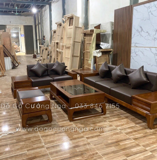 Bàn Ghế Sofa 2 Văng Gỗ Sồi Nga Lau Màu Hương Kèm Nệm - Chân Hươu