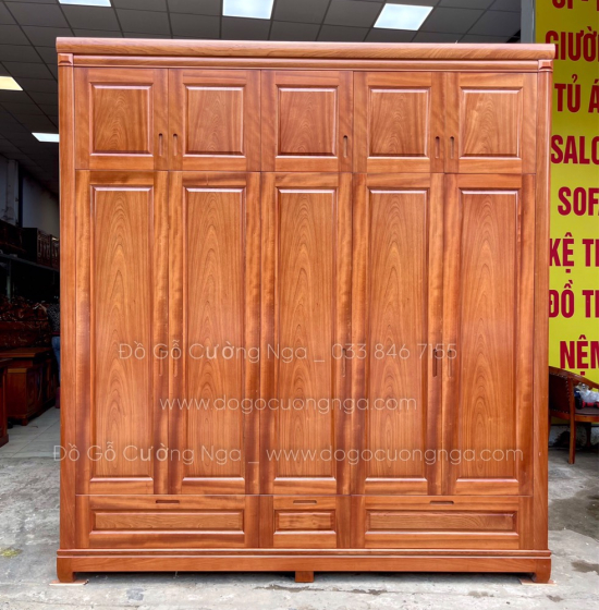 Tủ quần áo gỗ xoan đào cao 5 cánh - 2 tầng cao cấp 