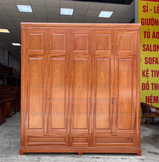 Tủ quần áo gỗ xoan đào cao 5 cánh - 2 tầng cao cấp 
