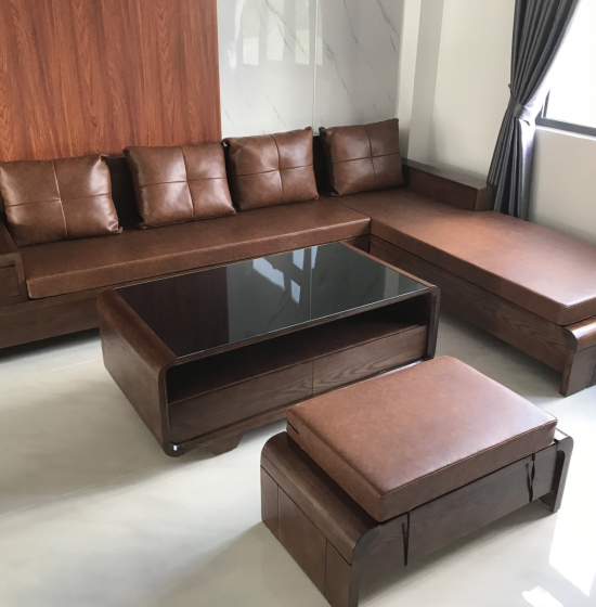 Bộ Bàn Ghế Sofa Gỗ Sồi Nga Lau Màu Óc Chó - Chân Cuốn Vế Trái 