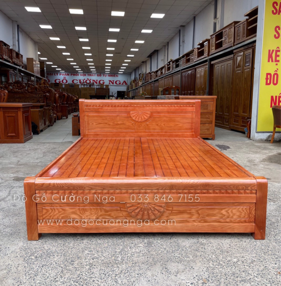 Giường gỗ sồi nga vạt phản mẫu quạt thường - màu cánh gián