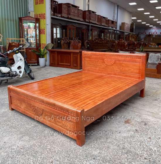 Giường gỗ sồi nga vạt phản mẫu quạt thường - màu cánh gián