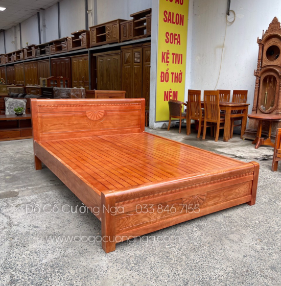 Giường gỗ sồi nga vạt phản mẫu quạt thường - màu cánh gián