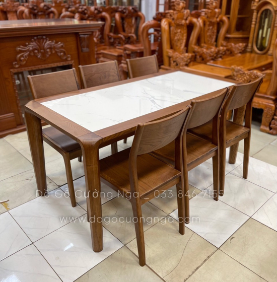 Bộ bàn ăn gỗ sồi nga 6 ghế - lau màu óc chó đẹp BG 065