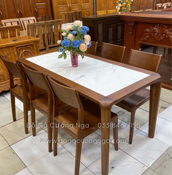 Bộ bàn ăn gỗ sồi nga 6 ghế - lau màu óc chó đẹp BG 065